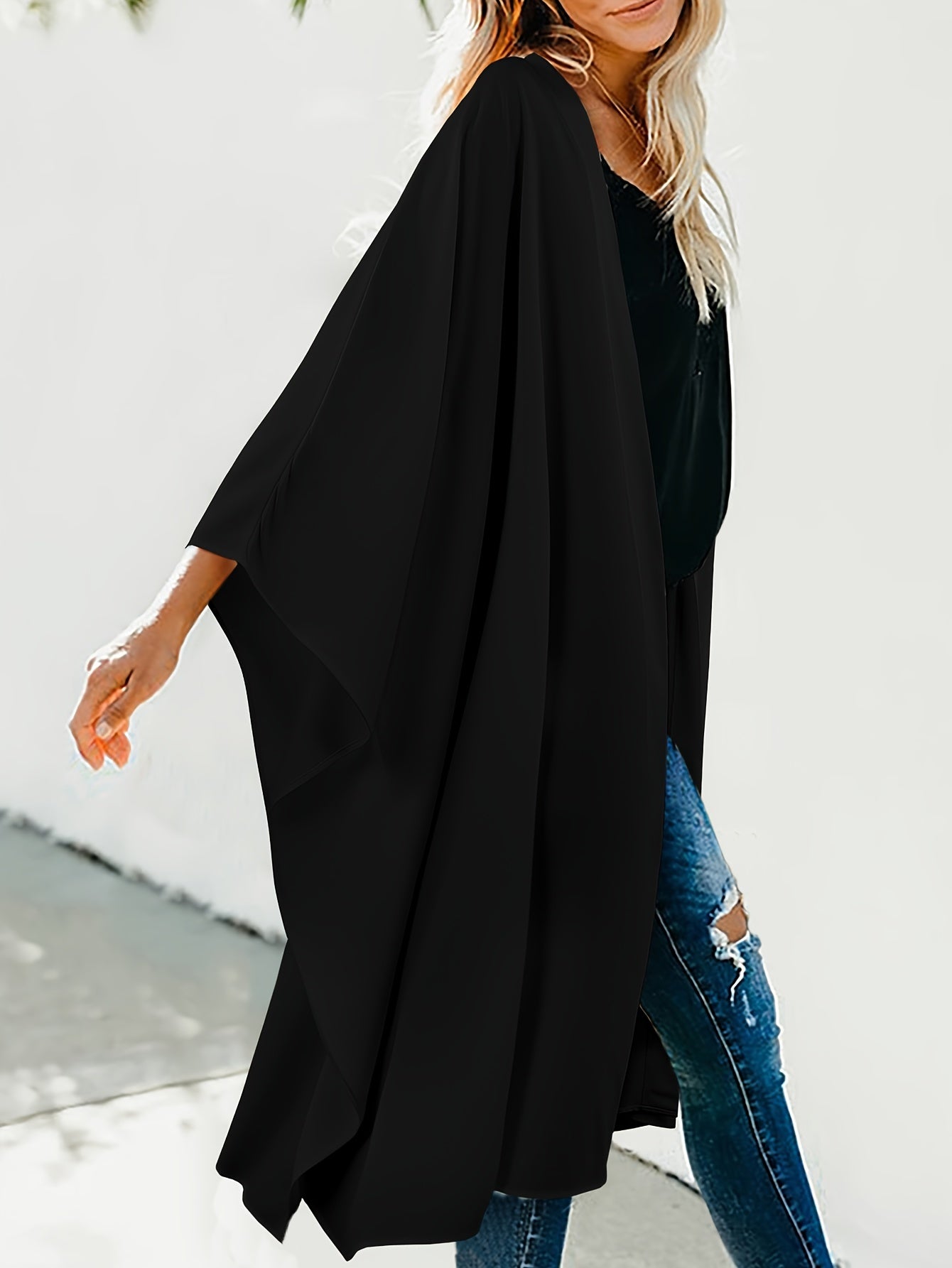 Solid Batwing Sleeve Kimono Cover Up