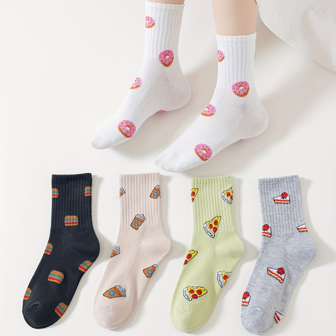 5 Pairs Cartoon Food Print Socks Comfy & Crew Socks Women's Stockings