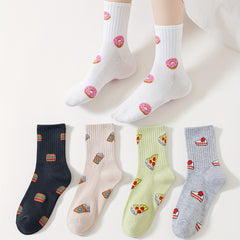 5 Pairs Cartoon Food Print Socks Comfy & Crew Socks Women's Stockings