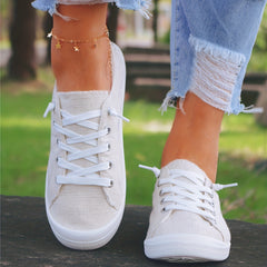 Beige Lace Up Walking Shoes Non Slip Flat Comfortable Skate Shoes Women's Footwe