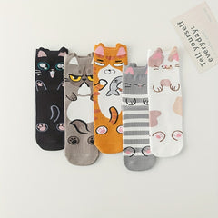 5 Pairs Cartoon Cat Print Socks Women's Stockings & Hosiery