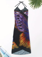 Butterfly Print Cover Up Dress Halter V Neck Tie Back Beachwear Dress