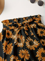 Sunflower Print Tie Waist Shorts for Spring & Summer