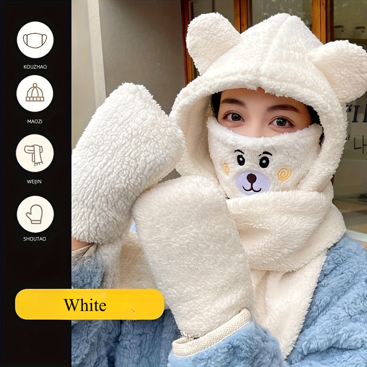 Bear Hooded Scarf Mask Gloves Set for Adults Winter Wear