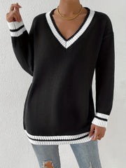 Block Knit Sweater V Neck Long Sleeve Preppy Sweater Women's Clothing
