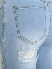 Casual Denim Shorts Women's Washed Ripped Fringe Trim Shorts