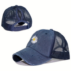 Daisy Embroidered Ponytail Trucker Hat Ripped Washed Distressed Baseball Cap