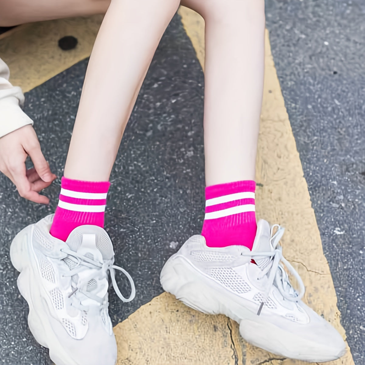 5 Pairs Striped Trim Socks, All Match Sports Socks for Women