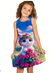 3D Printed Cat Princess Dress for Girls Sleeveless Summer Casual