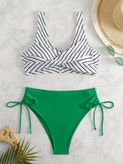 Striped Cross Front Bra & Solid Lace Up Side Panty Swimsuit Set