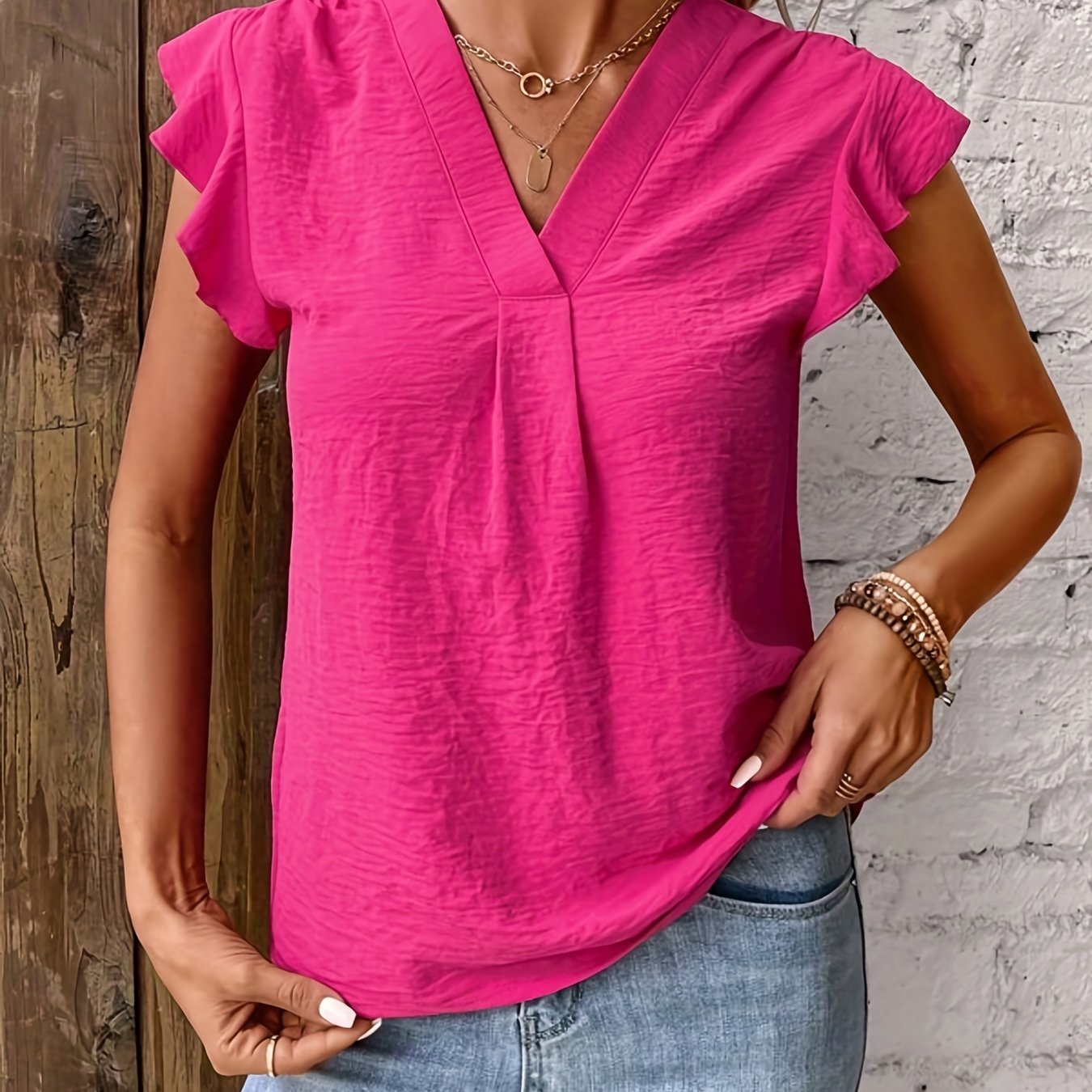Ruffle Trim V-Neck Blouse for Women