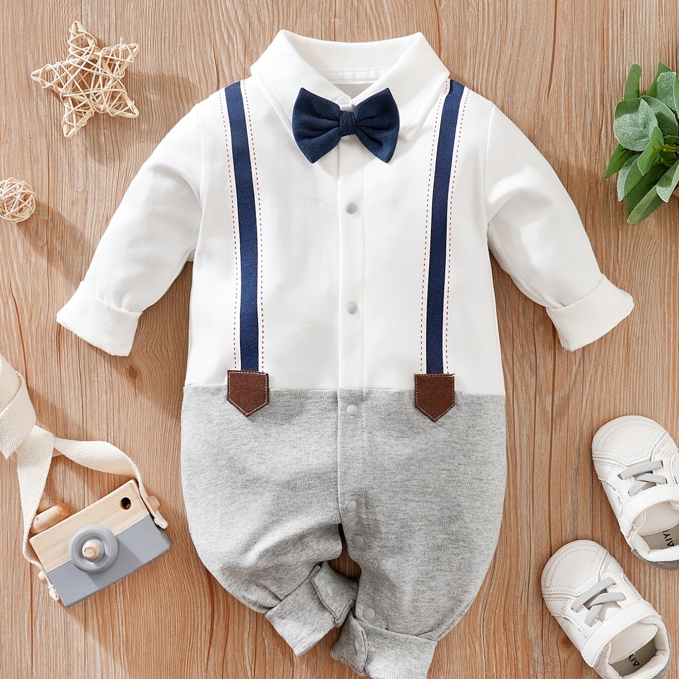 Newborn Infant Cotton Gentleman Romper Long Sleeve Bowtie Jumpsuit