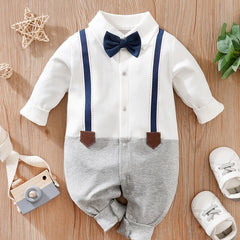 Newborn Infant Cotton Gentleman Romper Long Sleeve Bowtie Jumpsuit