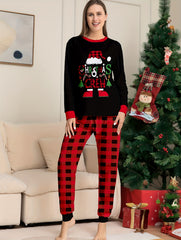 Christmas Graphic Pajama Set Long Sleeve Crew Neck Top & Plaid Print Pants
