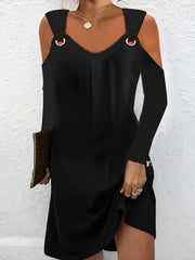 Solid Grommet Cold Shoulder Long Sleeve Dress