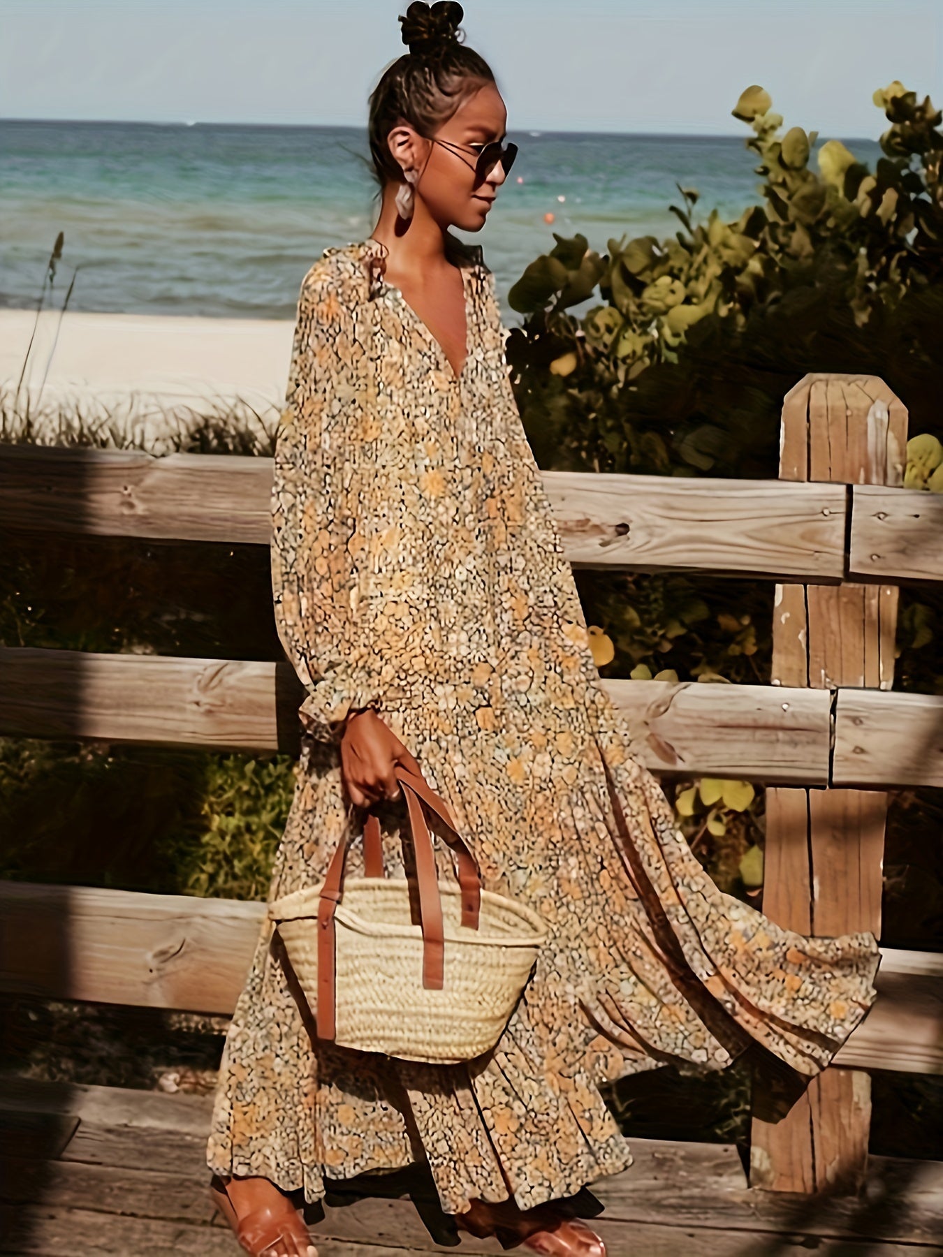 Boho Floral Print Lantern Sleeve Maxi Dress