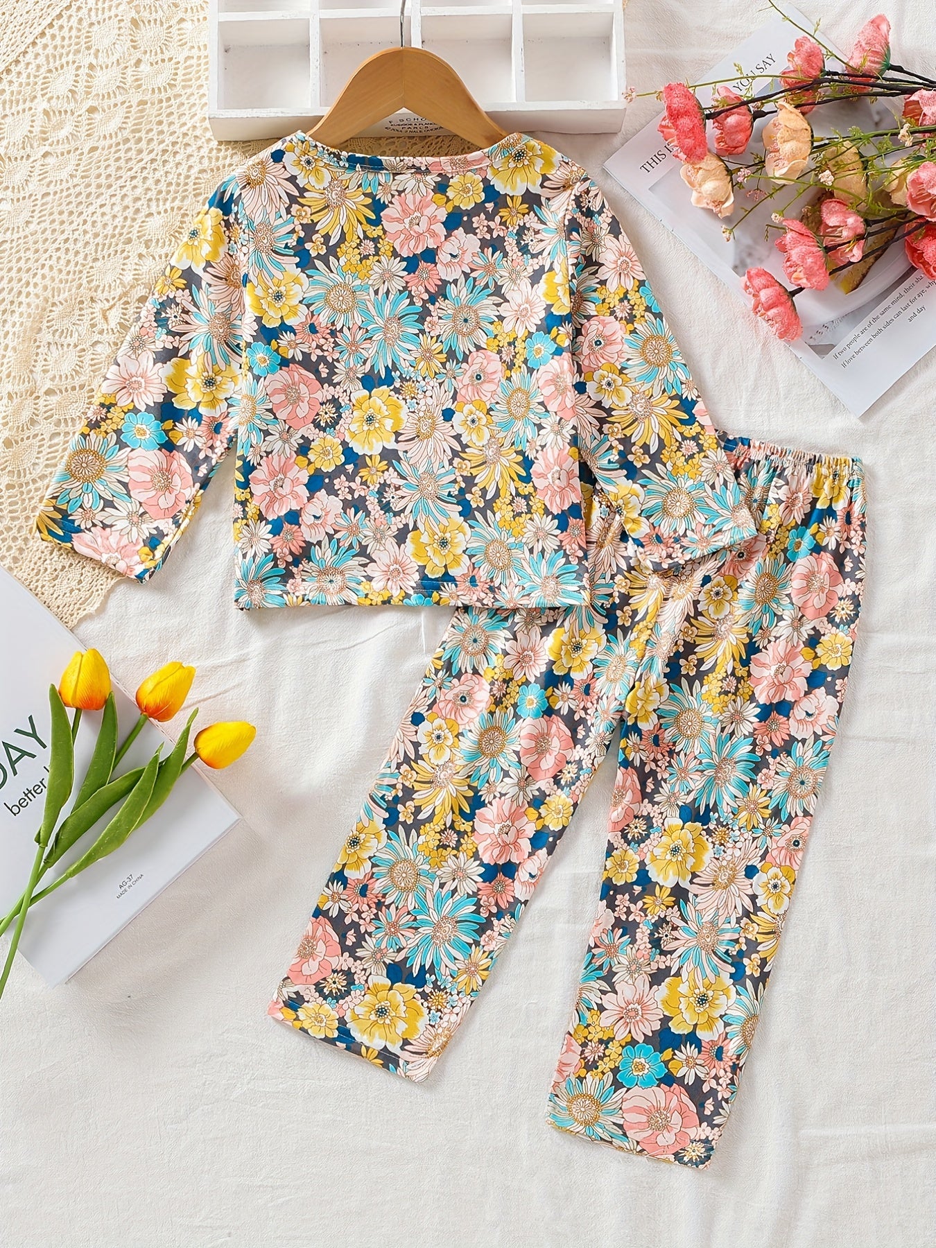 Girl's 2-Piece Floral Pajama Set Long Sleeve Top & Pants Loungewear