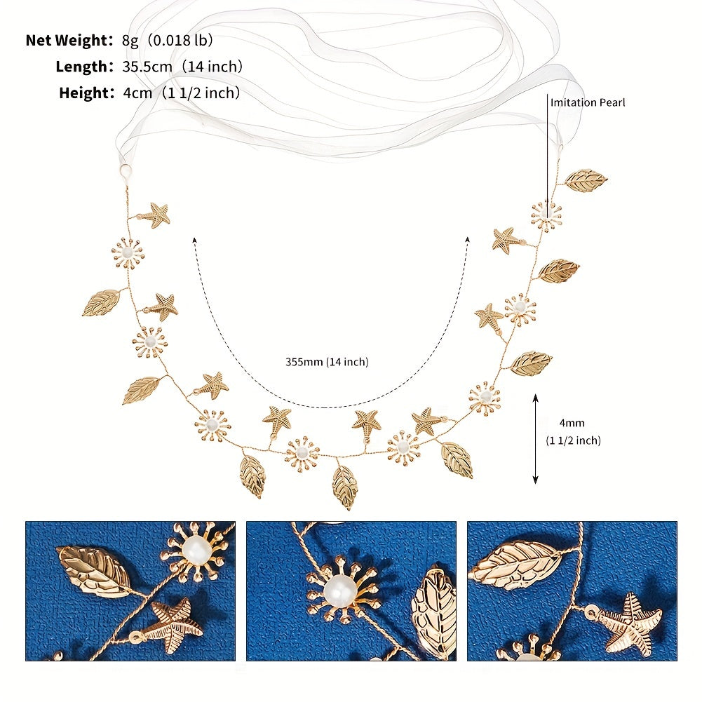 Alloy Starfish Leaf Headband Faux Pearl Bridal Hair Jewelry