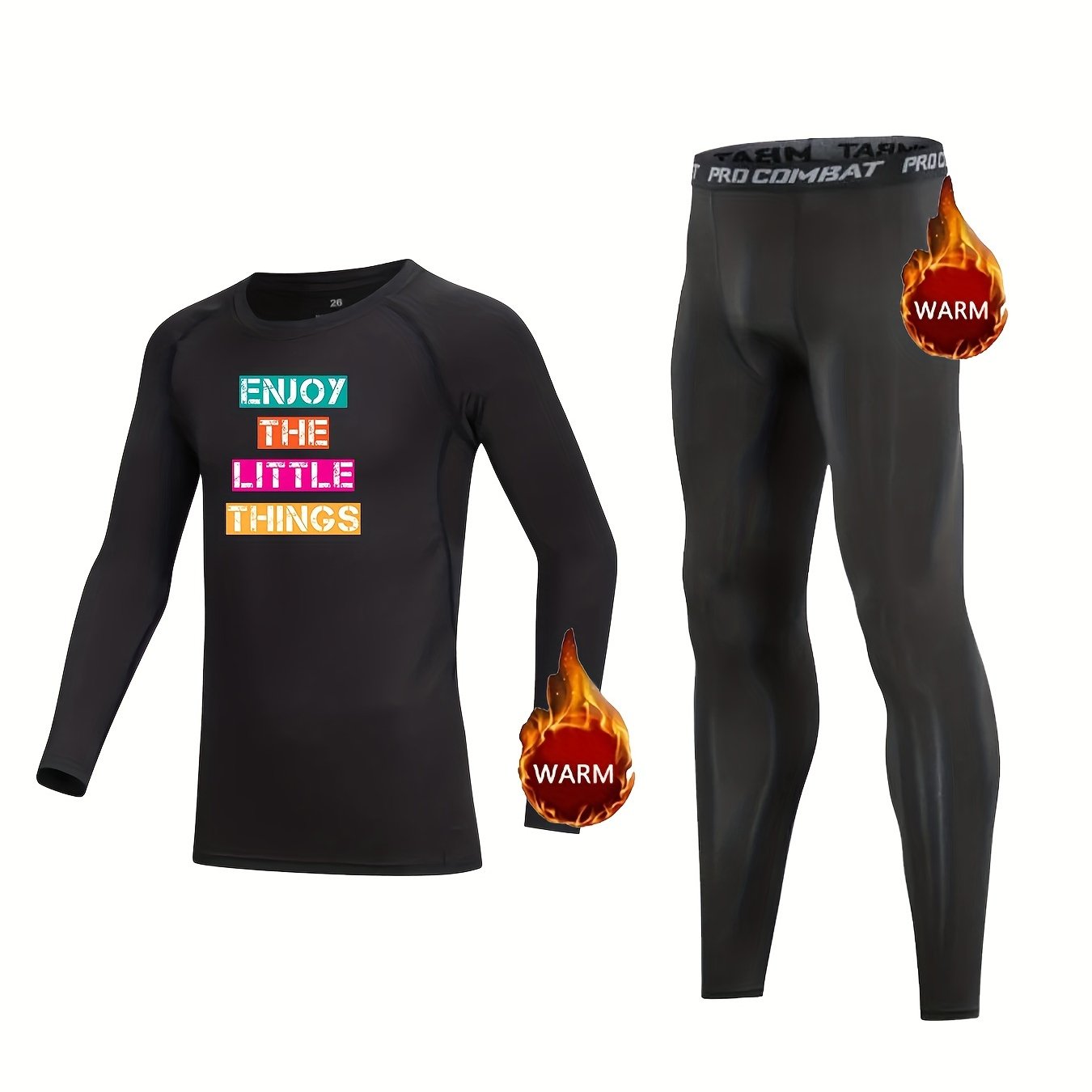 Kids Compression Fleece Sets, Cartoon Crew Neck Top & Elastic Pant