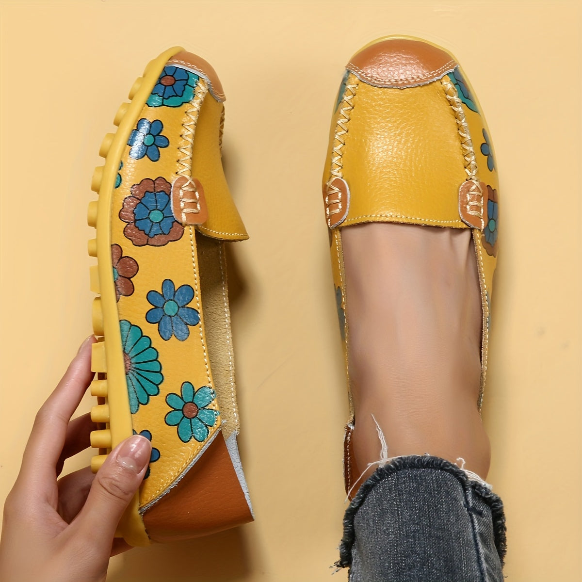 Women's Yellow Flower Pattern Flat Casual Shoes Lightweight