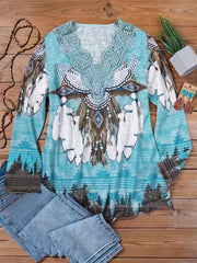Boho Blouse Geo & Feather Print V Neck Top