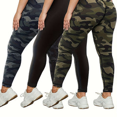 3 Pack Plus Size Camo Print High Rise Stretchy Running Yoga Pants