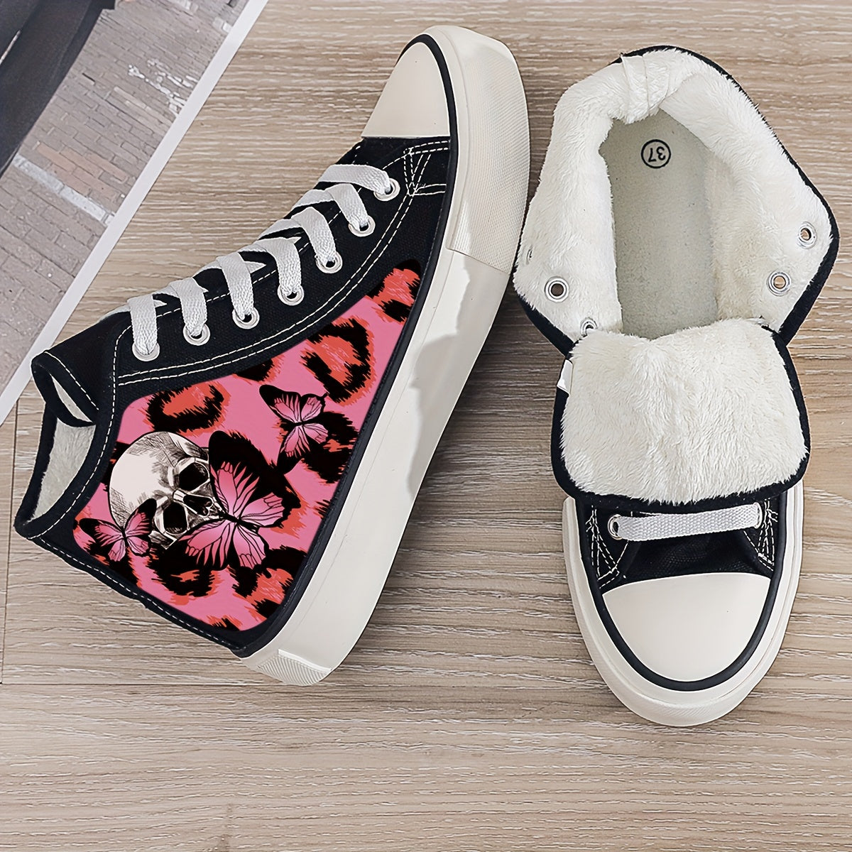 Skull & Butterfly Print Plush Lined Thermal Chunky Canvas Sneakers
