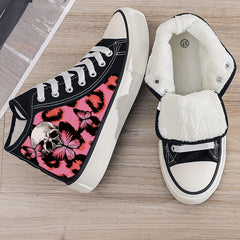 Skull & Butterfly Print Plush Lined Thermal Chunky Canvas Sneakers