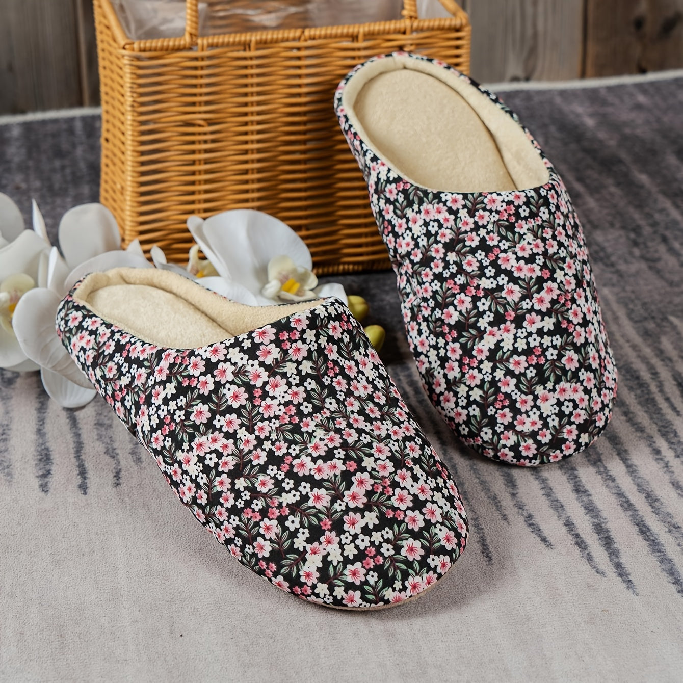 Floral Printed Plush Lined Slippers Warm Cozy Home Bedroom Mute Slippers