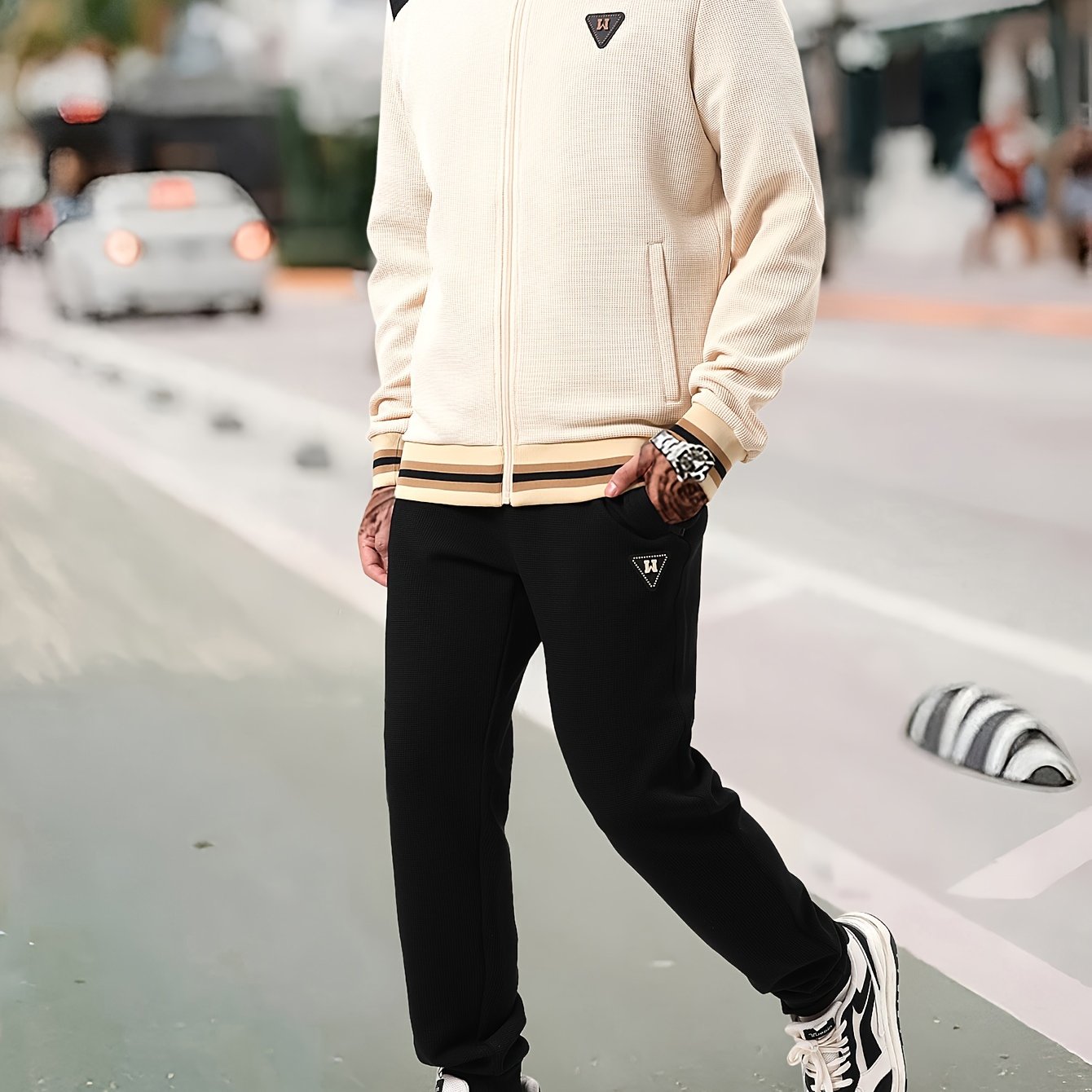 Men's 2 Piece Outfits Stand Collar Stripe Casual Jacket And Sweatpants Set