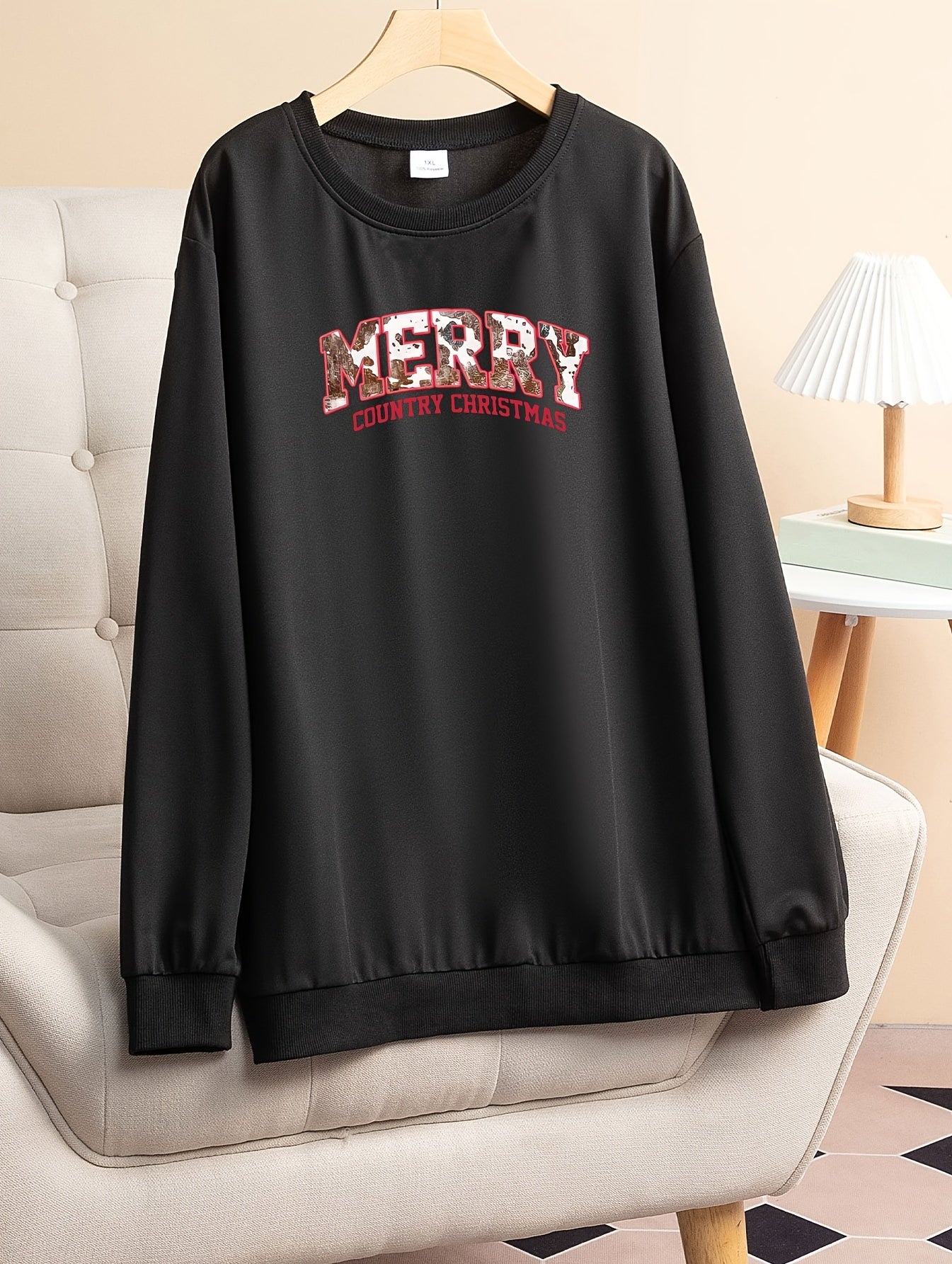 Plus Size Christmas Lounge Top Women Round Neck Medium Stretch Sleepwear Tee