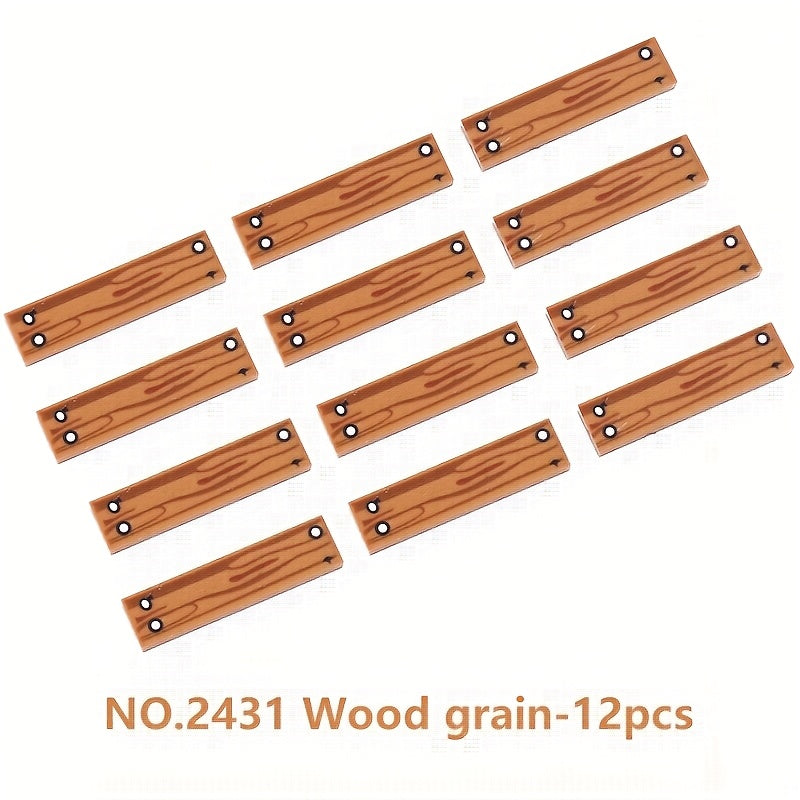 12 Wood Grain Building Blocks 1x4 ABS Bricks Table Chair Stair Decor Toy Set