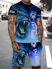 Lion 3d Pattern Mens 2 Piece Outfits Short Sleeve T shirt And Shorts Set