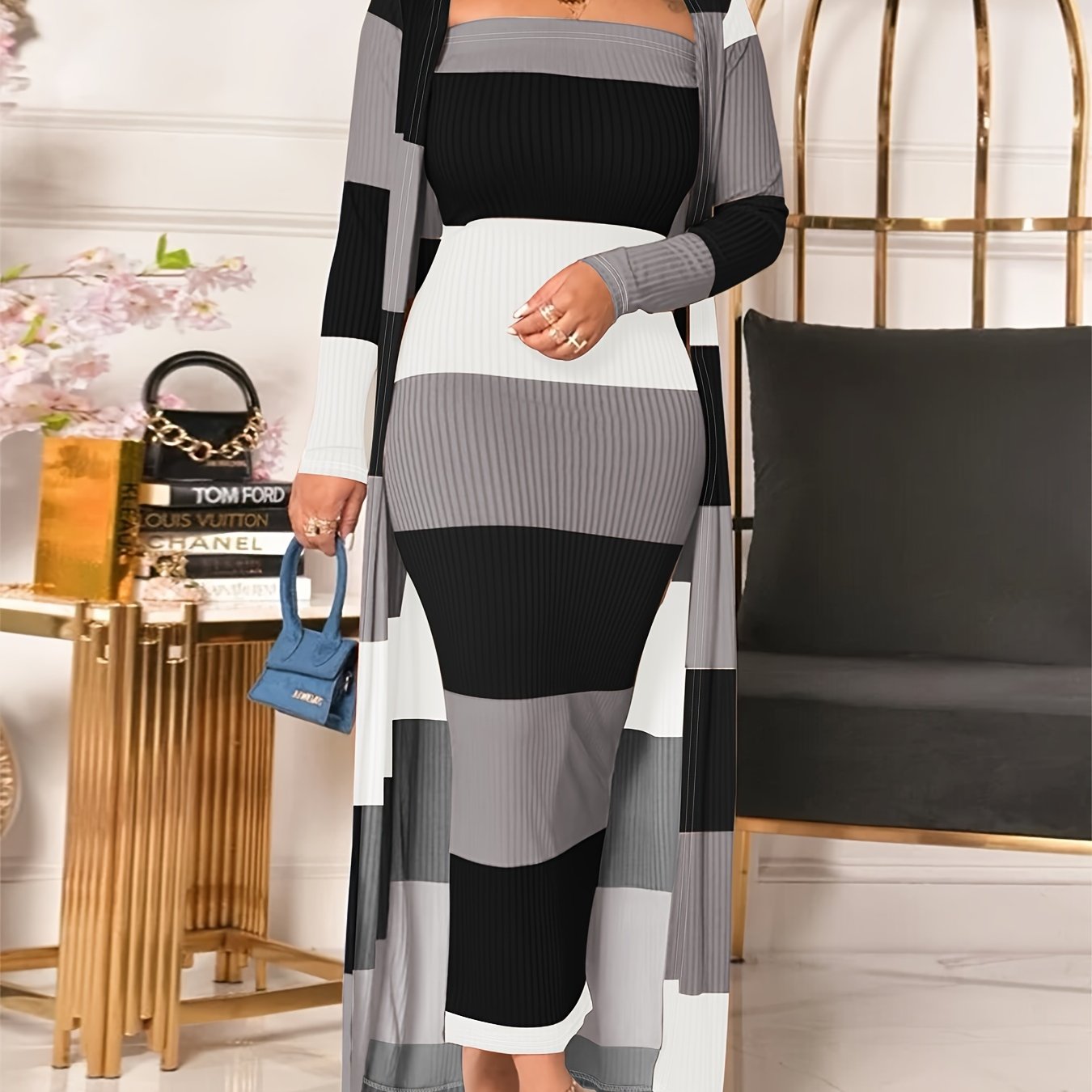 Colorblock Stripe Tube Dress & Cardigan Set