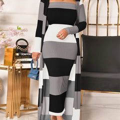 Colorblock Stripe Tube Dress & Cardigan Set