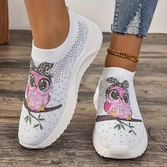 Women's Owl Cartoon Print Rhinestone Tennis Shoes Lightweight Non slip