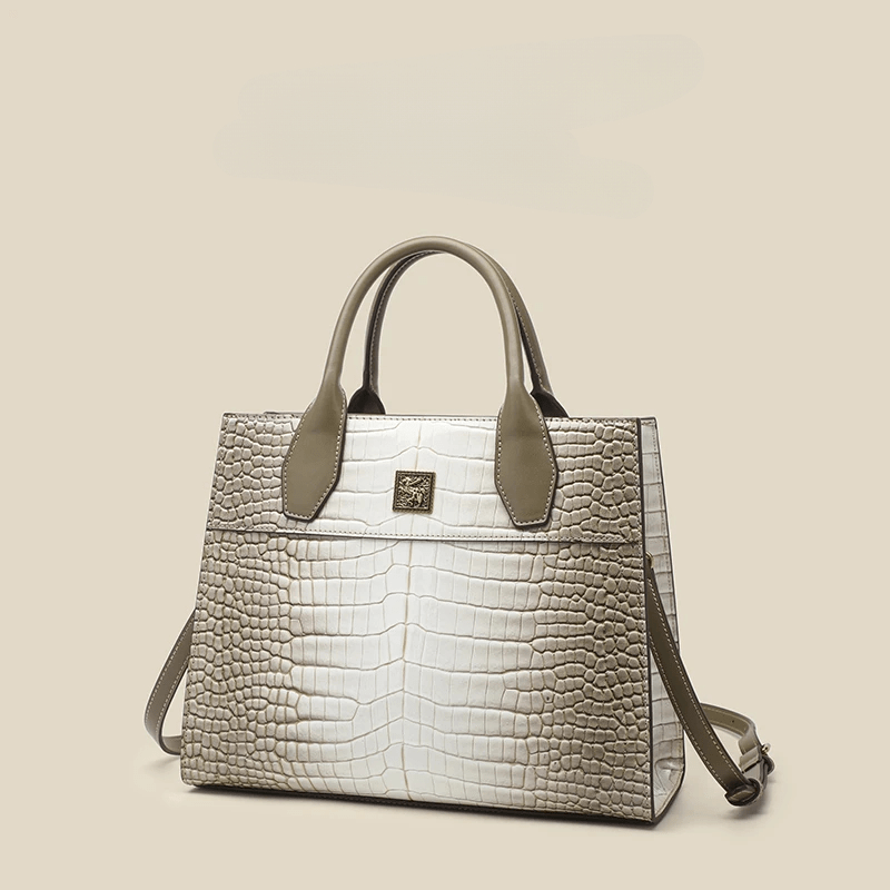 Glossy Cream Tan Tote Bag Women Faux Croc Leather Large