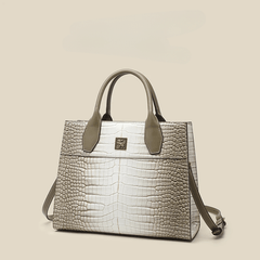 Glossy Cream Tan Tote Bag Women Faux Croc Leather Large