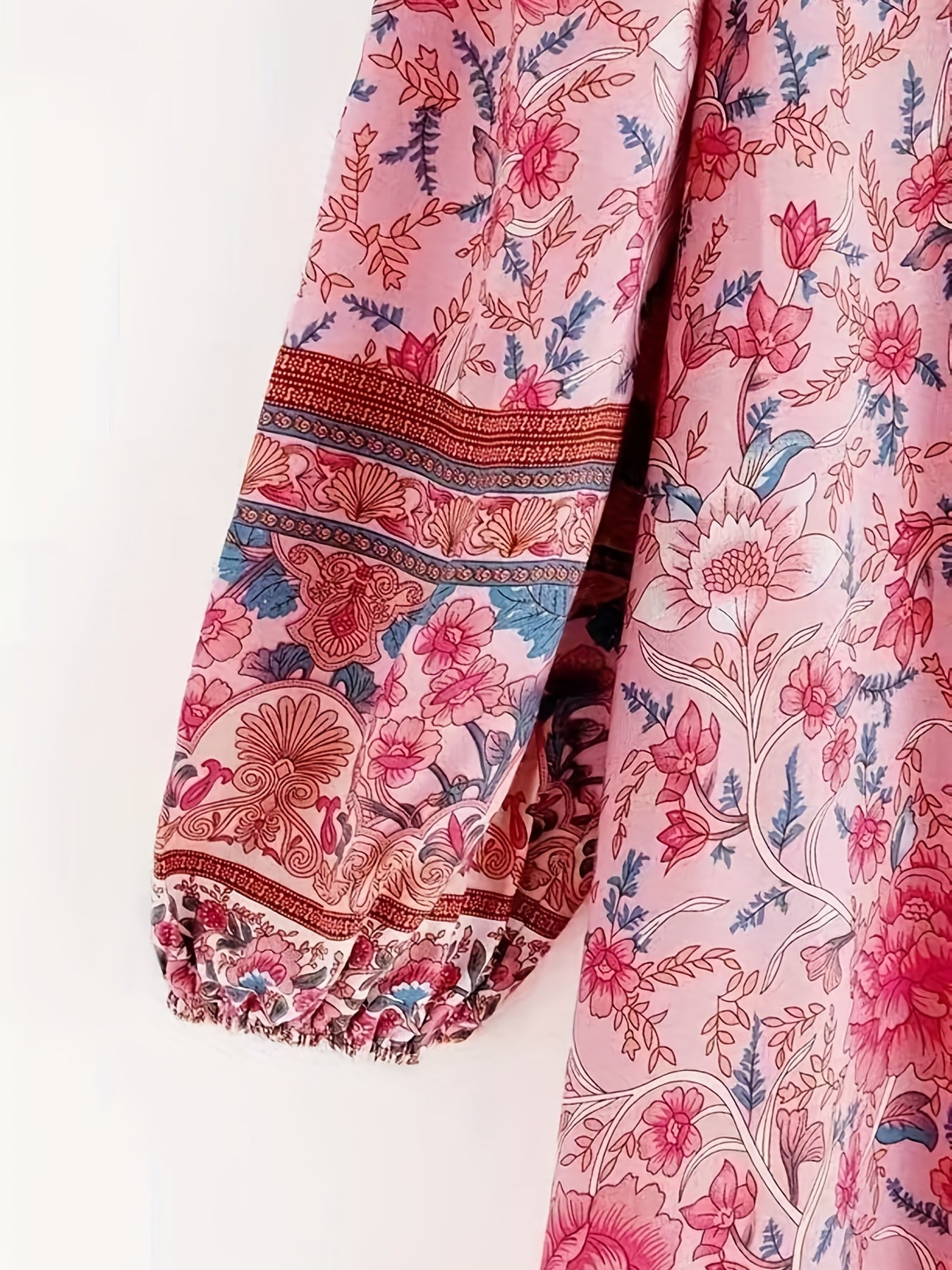 Floral Print Tie Neck Dress Boho Long Sleeve Dress For Spring