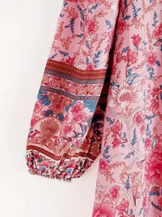 Floral Print Tie Neck Dress Boho Long Sleeve Dress For Spring