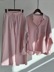 Button Front Long Sleeve Shirt & Drawstring Wide Leg Set