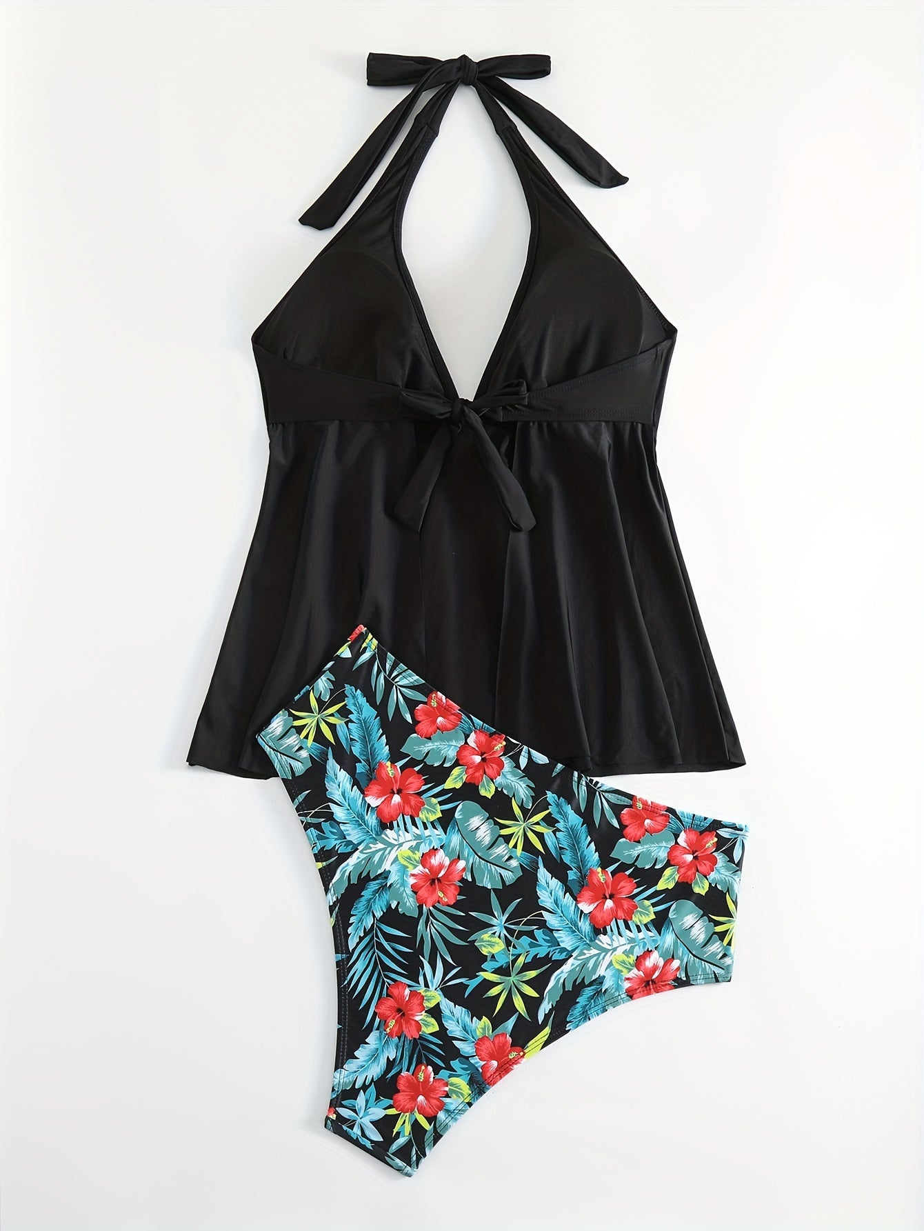 Tankini Set V Neck Backless Halter Top & Tropical Print Panty Swimsuit
