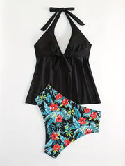 Tankini Set V Neck Backless Halter Top & Tropical Print Panty Swimsuit
