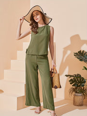 Casual Two-Piece Pants Set Side Split Tank Top & Wide Leg Pants