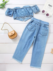 2pcs Toddler Girls Off Shoulder Denim Tube Top & Ripped Belted Jeans Set