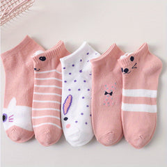 5 Pairs Women's Pink Kitty Crew Socks