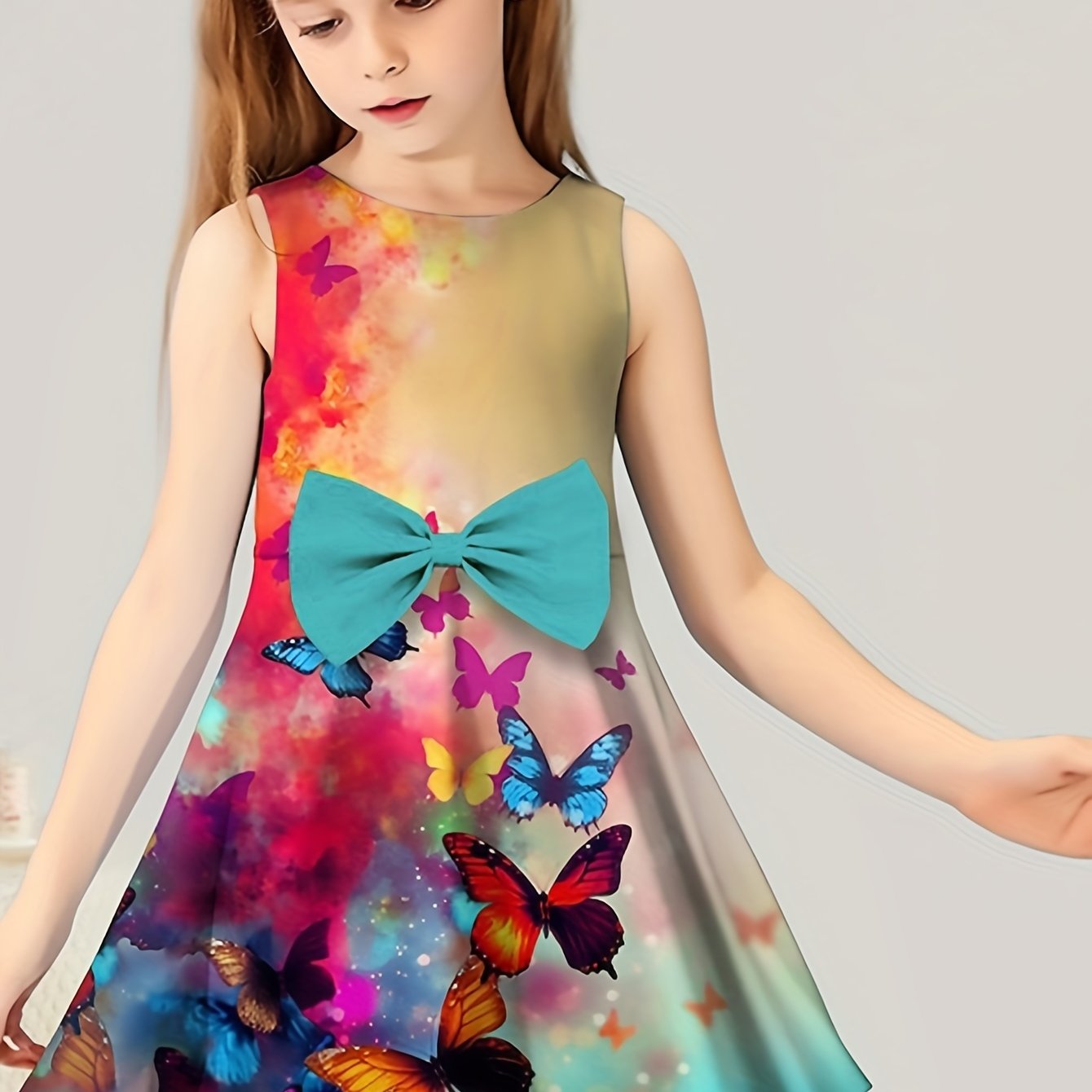 Girls Tie Dye Butterfly Print Sleeveless Dress