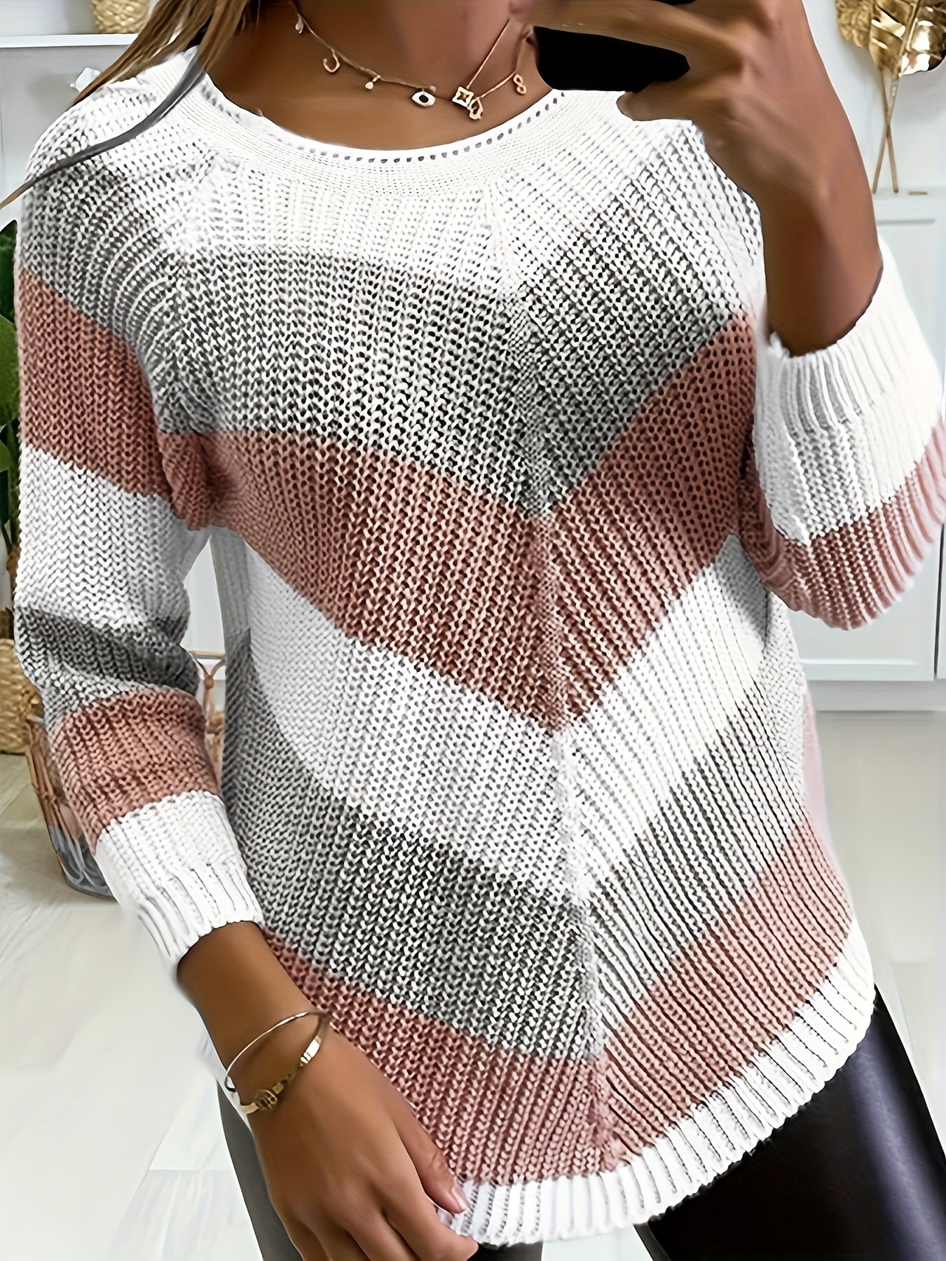 Striped Pattern Crew Neck Pullover Sweater for Women