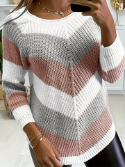 Striped Pattern Crew Neck Pullover Sweater for Women