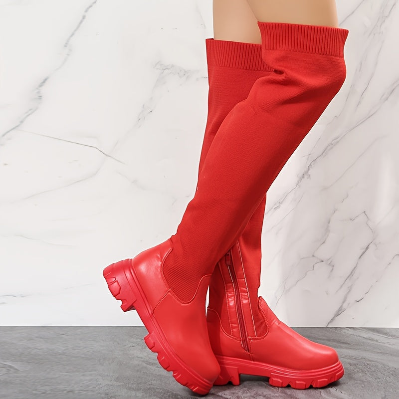 Women's Over The Knee Stretch Boots Comfortable Platform Side Zipper Boots